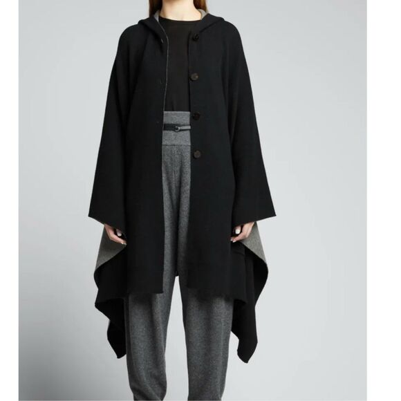 Theory button down Felted Wool-Cashmere Hooded Poncho - Black / Grey size P/S - Picture 2 of 8